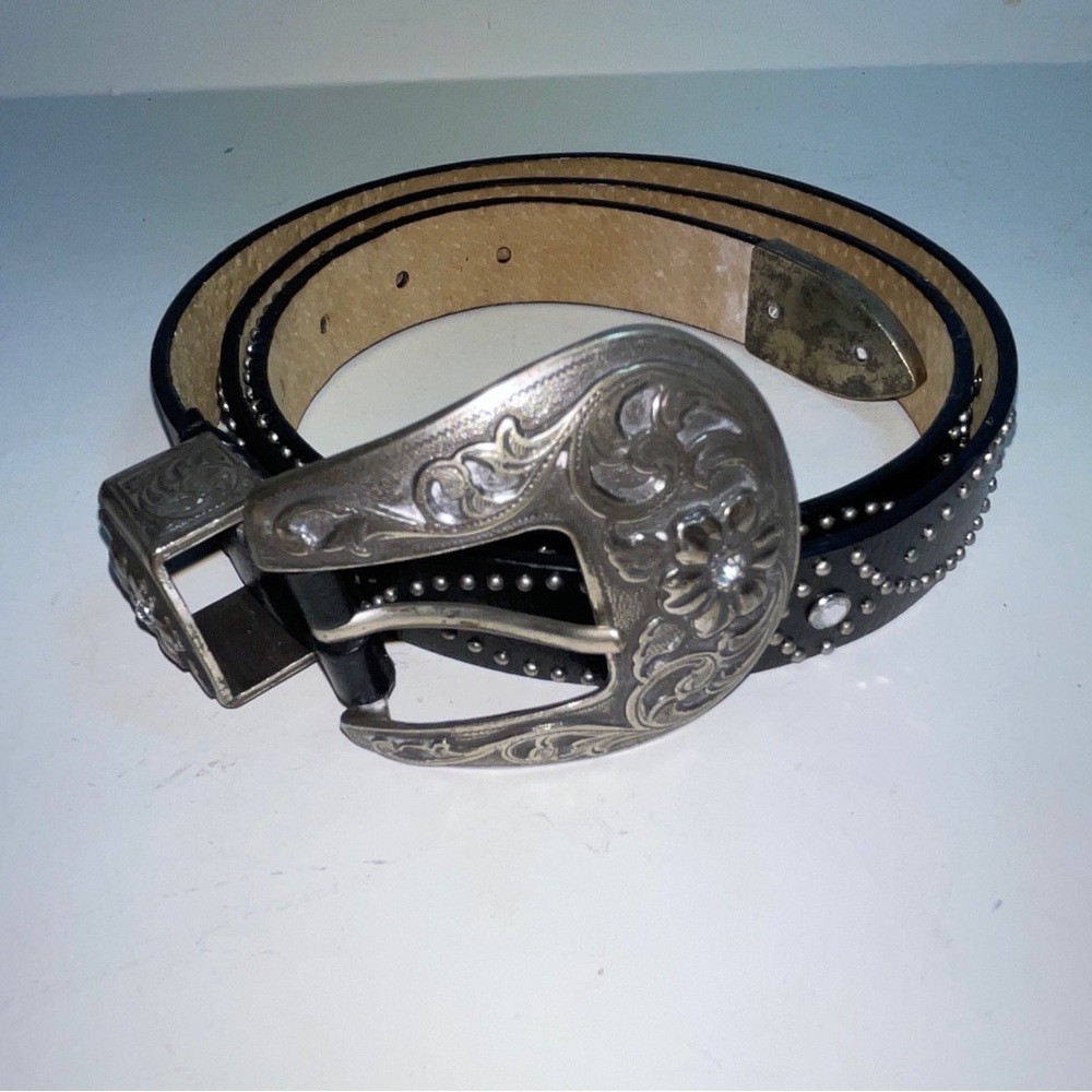 Nine West Studded Black Leather Embellished Floral Large Belt.